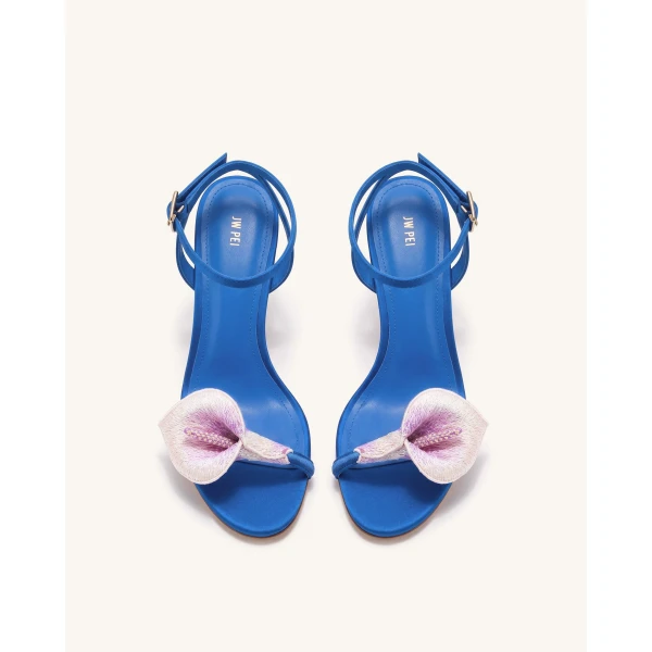 JW PEI Alivia Calla Lily Gold Metal Heel Sandals in Royal Blue | Sandals | Luxury Shoes 