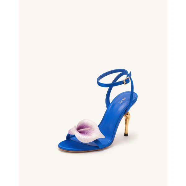 JW PEI Alivia Calla Lily Gold Metal Heel Sandals in Royal Blue | Sandals | Luxury Shoes 