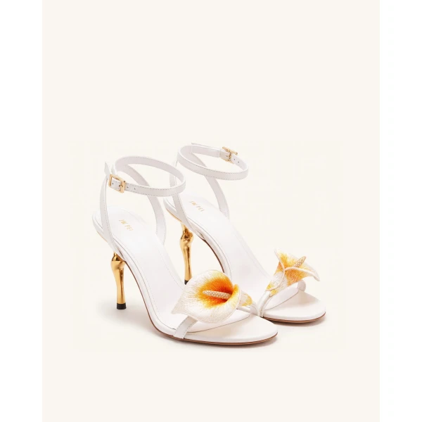 JW PEI Alivia Calla Lily Gold Metal Heel Sandals in White | Sandals | Luxury Shoes 