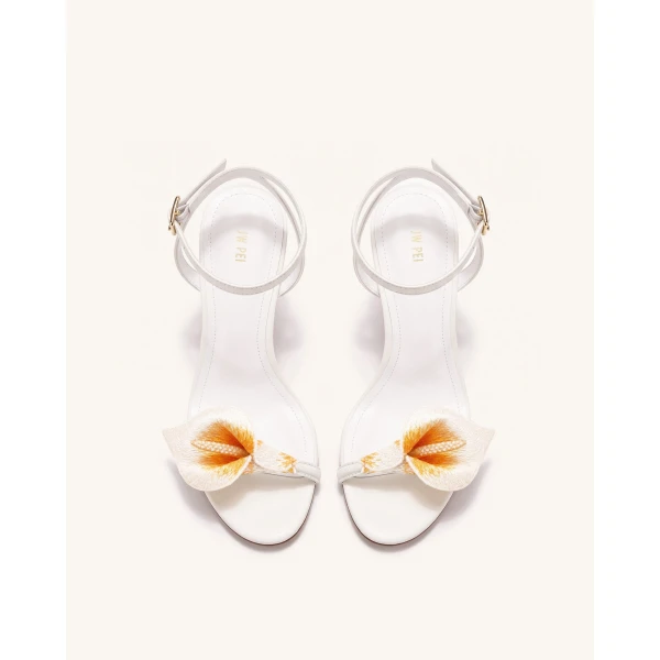 JW PEI Alivia Calla Lily Gold Metal Heel Sandals in White | Sandals | Luxury Shoes 