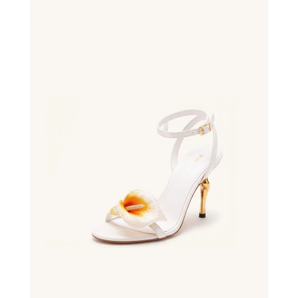 JW PEI Alivia Calla Lily Gold Metal Heel Sandals in White | Sandals | Luxury Shoes 