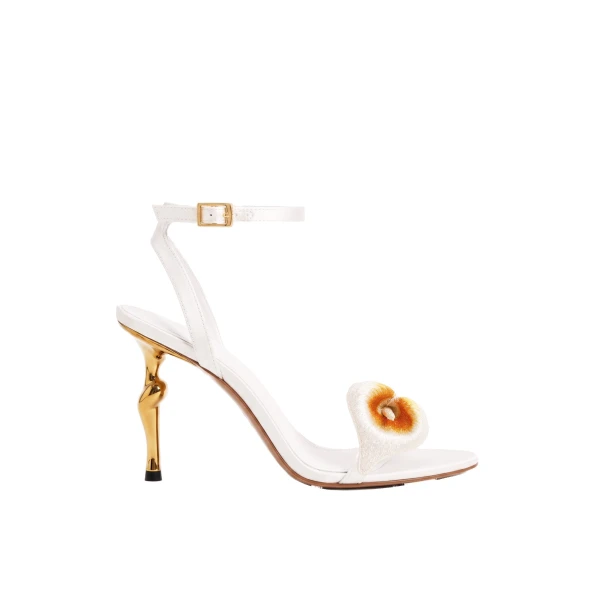 JW PEI Alivia Calla Lily Gold Metal Heel Sandals in White | Sandals | Luxury Shoes 