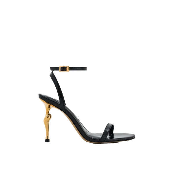 JW PEI Alivia Gold Metal Heel Sandals in Black | Sandals | Luxury Shoes 