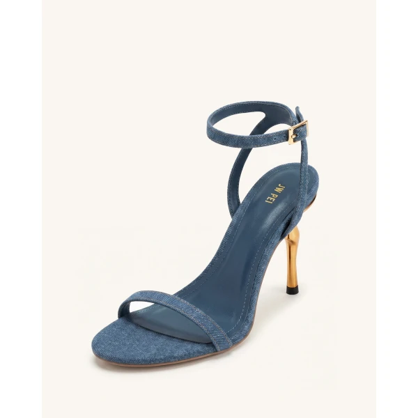 JW PEI Alivia Gold Metal Heel Sandals in Denim Blue | Sandals | Luxury Shoes 