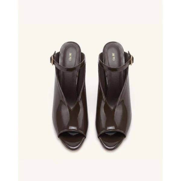JW PEI Alivia Gold Metal Peep-Toe Heels in Dark Brown | Heels | Luxury Shoes 