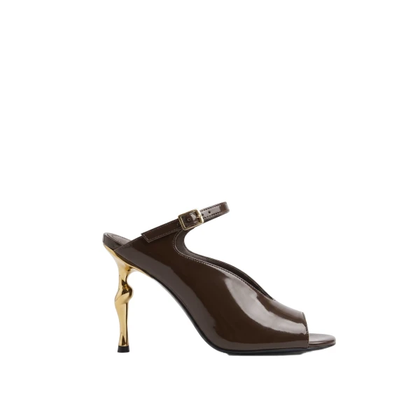 JW PEI Alivia Gold Metal Peep-Toe Heels in Dark Brown | Heels | Luxury Shoes 