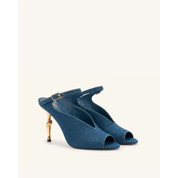 JW PEI Alivia Gold Metal Peep-Toe Heels in Denim Blue | Heels | Luxury Shoes 