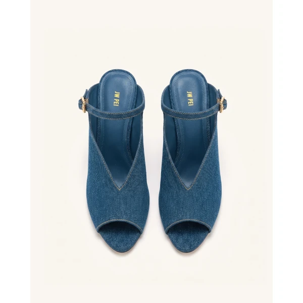 JW PEI Alivia Gold Metal Peep-Toe Heels in Denim Blue | Heels | Luxury Shoes 