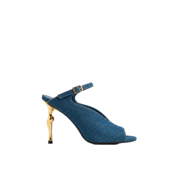 JW PEI Alivia Gold Metal Peep-Toe Heels in Denim Blue | Heels | Luxury Shoes 