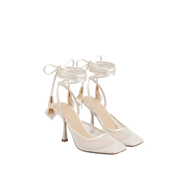 JW PEI Astrid Calla Lily Lace-Up Mesh Pumps in Beige | Heels | Luxury Shoes 
