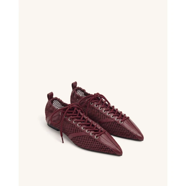 JW PEI Ava Lace-Up Mesh Flats in Burgundy | Flats | Luxury Shoes 