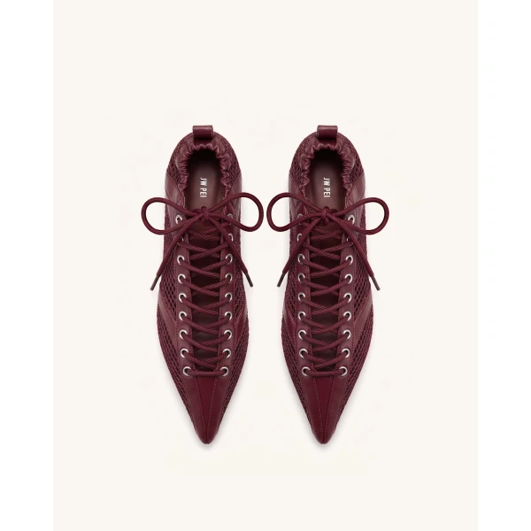 JW PEI Ava Lace-Up Mesh Flats in Burgundy | Flats | Luxury Shoes 