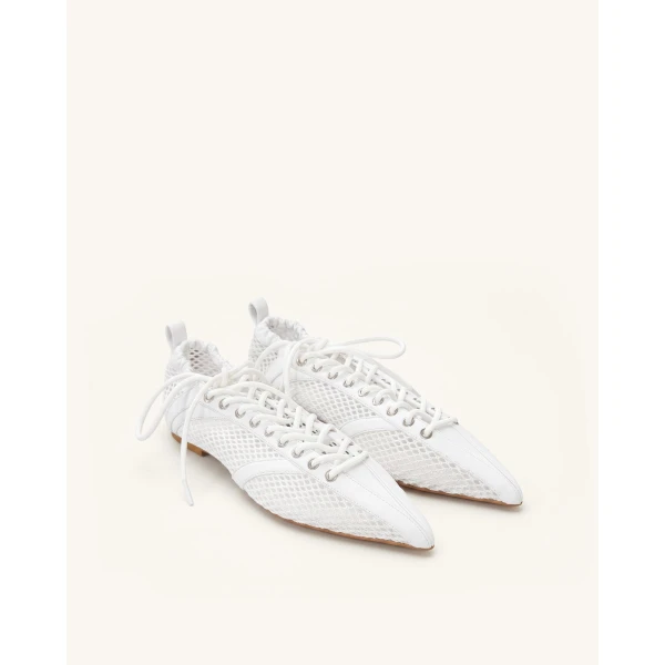 JW PEI Ava Lace-Up Mesh Flats in White | Flats | Luxury Shoes 