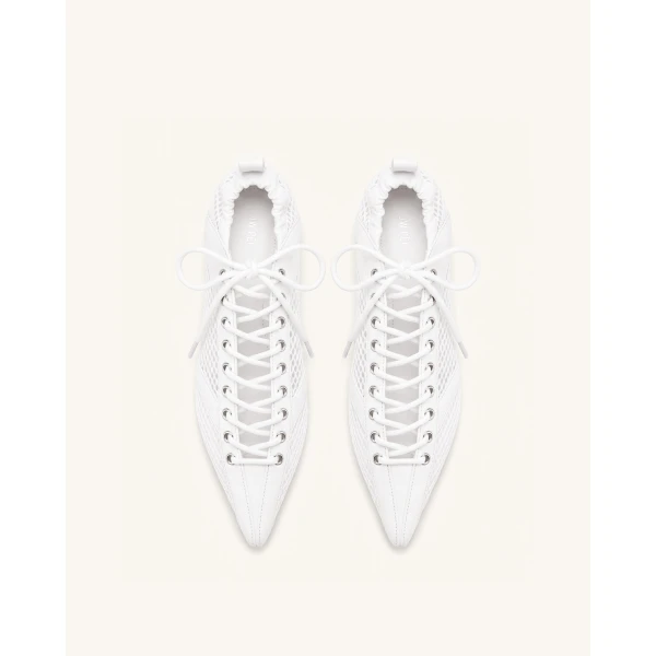 JW PEI Ava Lace-Up Mesh Flats in White | Flats | Luxury Shoes 