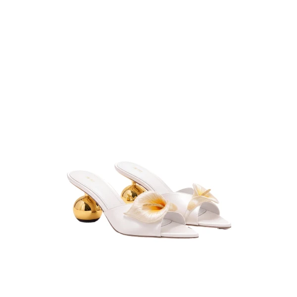 JW PEI Bianca Calla Lily Sphere Heel Mules in White | Mules | Luxury Shoes 