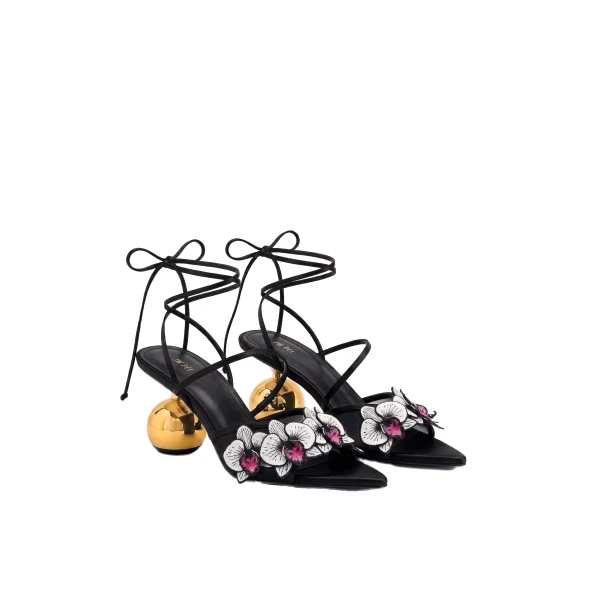 JW PEI Celia Orchid Embroidered Sphere Heel Lace-Up Sandals in Black | Sandals | Luxury Shoes 