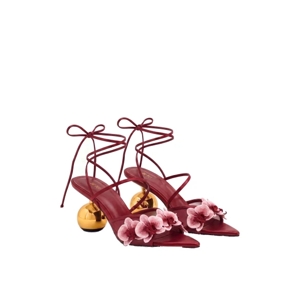 JW PEI Celia Orchid Embroidered Sphere Heel Lace-Up Sandals in Burgundy | Sandals | Luxury Shoes 
