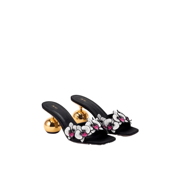JW PEI Celia Orchid Embroidered Sphere Heel Mules in Black | Mules | Luxury Shoes 