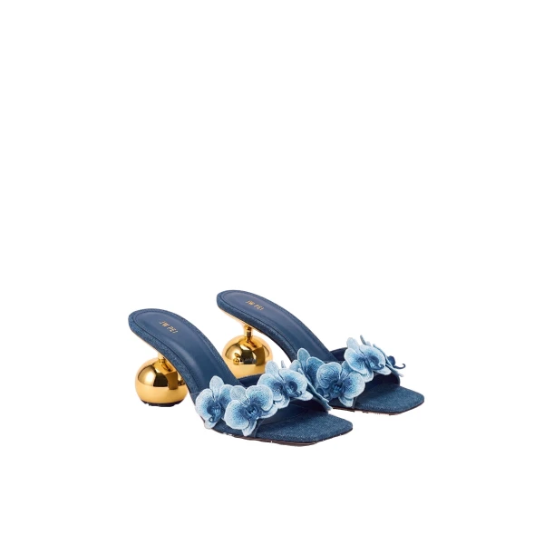 JW PEI Celia Orchid Embroidered Sphere Heel Mules in Denim Blue | Mules | Luxury Shoes 