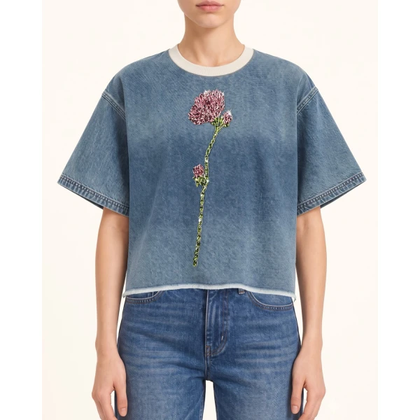 JW PEI Contrast Rib Denim Cropped Rhinestone Rose Tee in Washed Blue | Tops | Luxury Shoes 