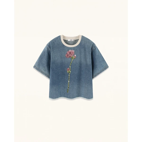 JW PEI Contrast Rib Denim Cropped Rhinestone Rose Tee in Washed Blue | Tops | Luxury Shoes 