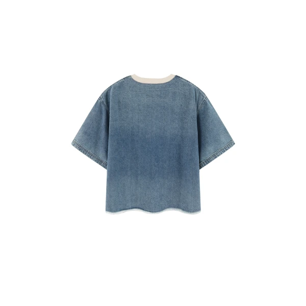 JW PEI Contrast Rib Denim Cropped Rhinestone Rose Tee in Washed Blue | Tops | Luxury Shoes 