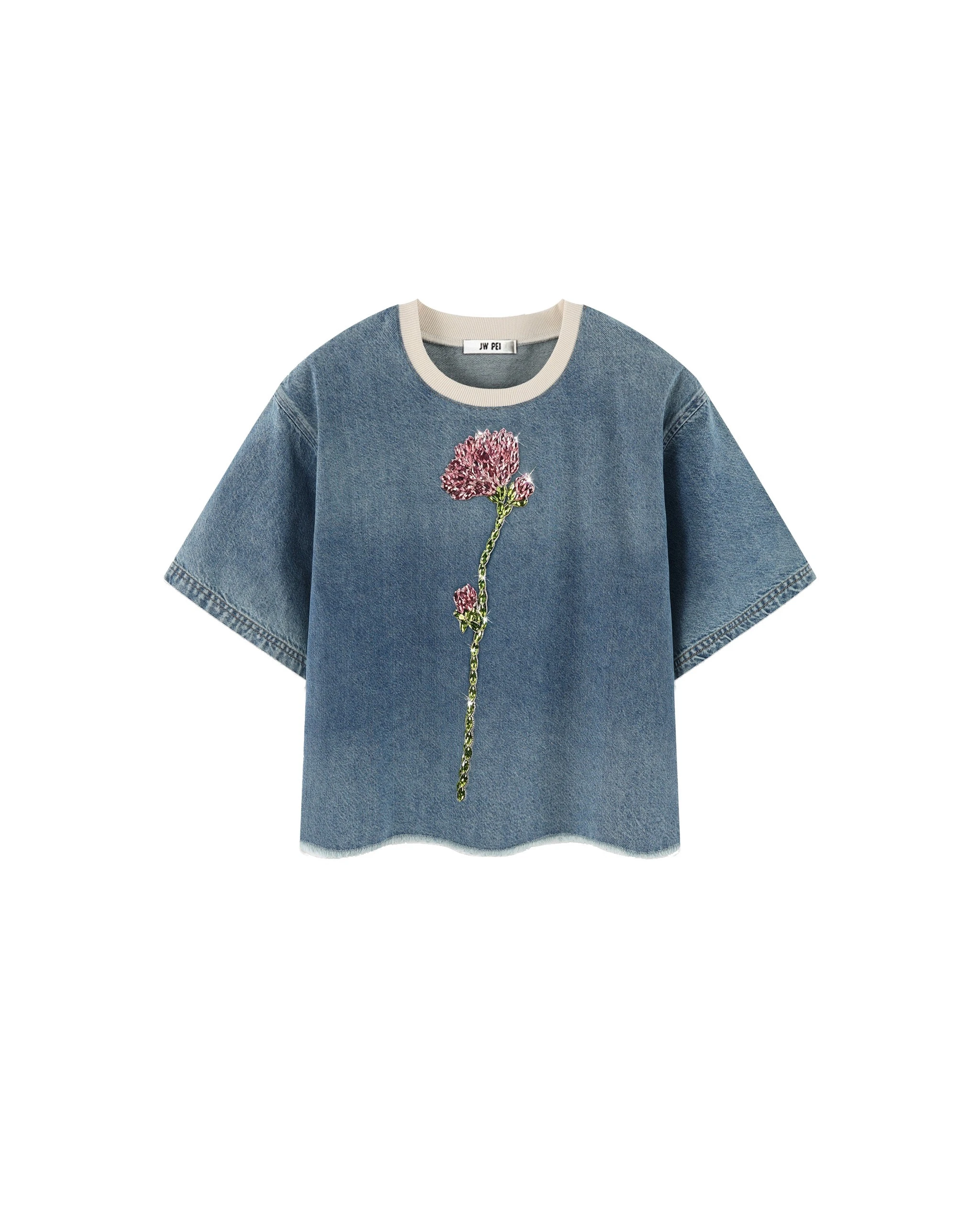 JW PEI Contrast Rib Denim Cropped Rhinestone Rose Tee in Washed Blue JW PEI Contrast Rib Denim Cropped Rhinestone Rose Tee in Washed Blue | Tops | Luxury Shoes