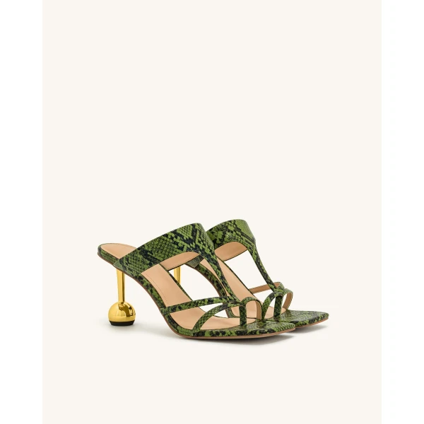 JW PEI Cora Snakeskin Heeled Flip-Flops in Green | Sandals | Luxury Shoes 