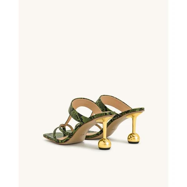 JW PEI Cora Snakeskin Heeled Flip-Flops in Green | Sandals | Luxury Shoes 