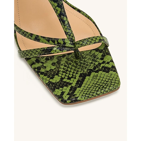 JW PEI Cora Snakeskin Heeled Flip-Flops in Green | Sandals | Luxury Shoes 