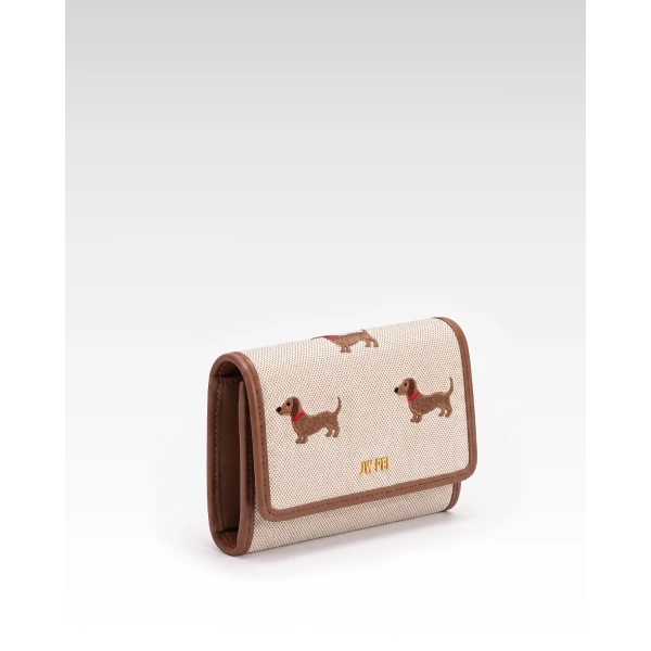 JW PEI Dachshund Embroidered Canvas Wallet in Beige | Wallets & Purses | Luxury Shoes 