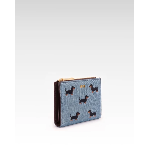 JW PEI Dachshund Embroidered Denim Bifold Wallet in Blue | Wallets & Purses | Luxury Shoes 