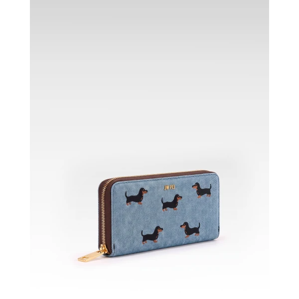 JW PEI Dachshund Embroidered Denim Zip Wallet in Blue | Wallets & Purses | Luxury Shoes 