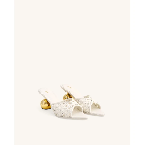 JW PEI Ellie Woven Sphere Heel Mules in White | Mules | Luxury Shoes 