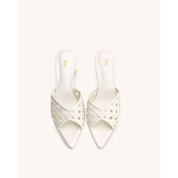 JW PEI Ellie Woven Sphere Heel Mules in White | Mules | Luxury Shoes 