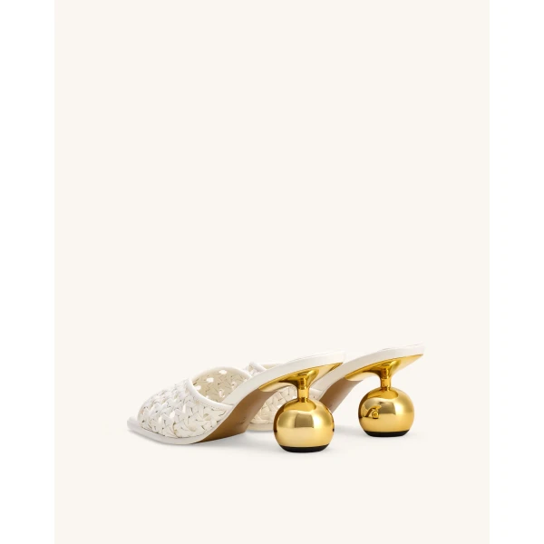 JW PEI Ellie Woven Sphere Heel Mules in White | Mules | Luxury Shoes 