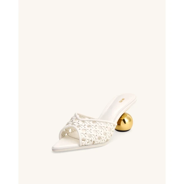 JW PEI Ellie Woven Sphere Heel Mules in White | Mules | Luxury Shoes 