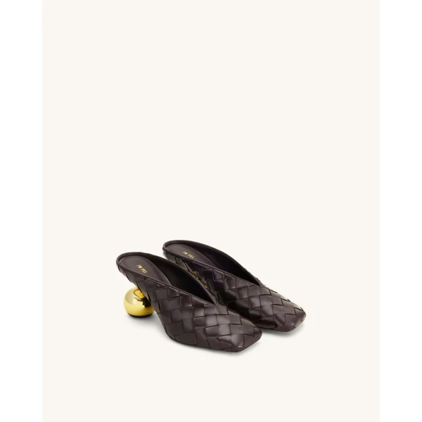 JW PEI Ellie Woven Square-Toe Mule Heels in Dark Brown | Mules | Luxury Shoes 