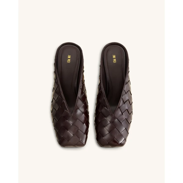 JW PEI Ellie Woven Square-Toe Mule Heels in Dark Brown | Mules | Luxury Shoes 