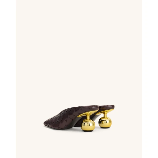 JW PEI Ellie Woven Square-Toe Mule Heels in Dark Brown | Mules | Luxury Shoes 