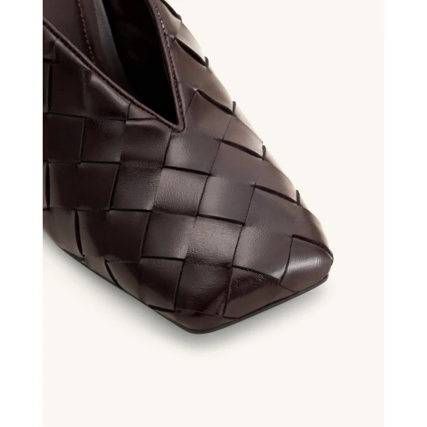 JW PEI Ellie Woven Square-Toe Mule Heels in Dark Brown | Mules | Luxury Shoes 