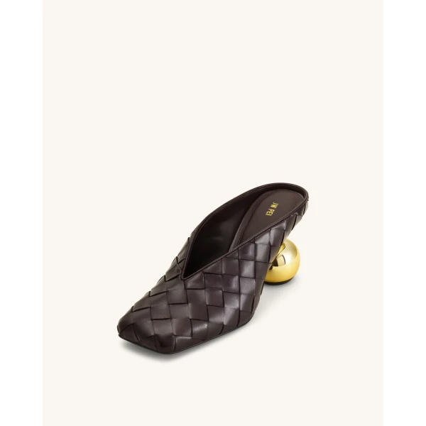 JW PEI Ellie Woven Square-Toe Mule Heels in Dark Brown | Mules | Luxury Shoes 