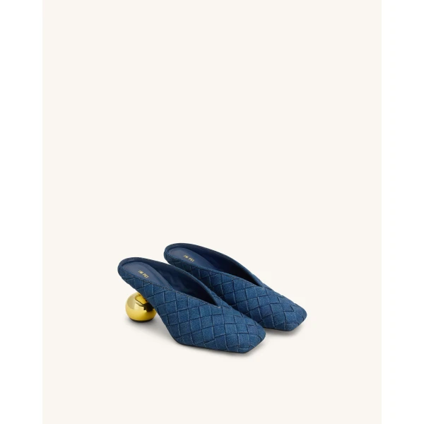 JW PEI Ellie Woven Square-Toe Mule Heels in Denim Blue | Mules | Luxury Shoes 