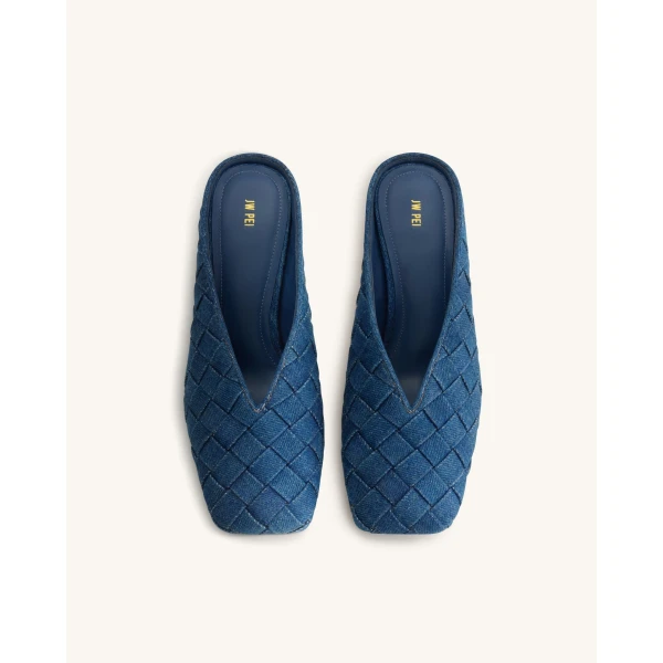 JW PEI Ellie Woven Square-Toe Mule Heels in Denim Blue | Mules | Luxury Shoes 
