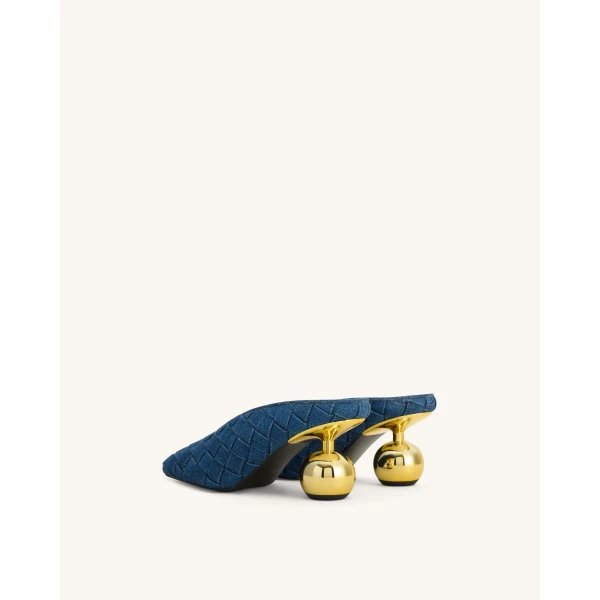 JW PEI Ellie Woven Square-Toe Mule Heels in Denim Blue | Mules | Luxury Shoes 