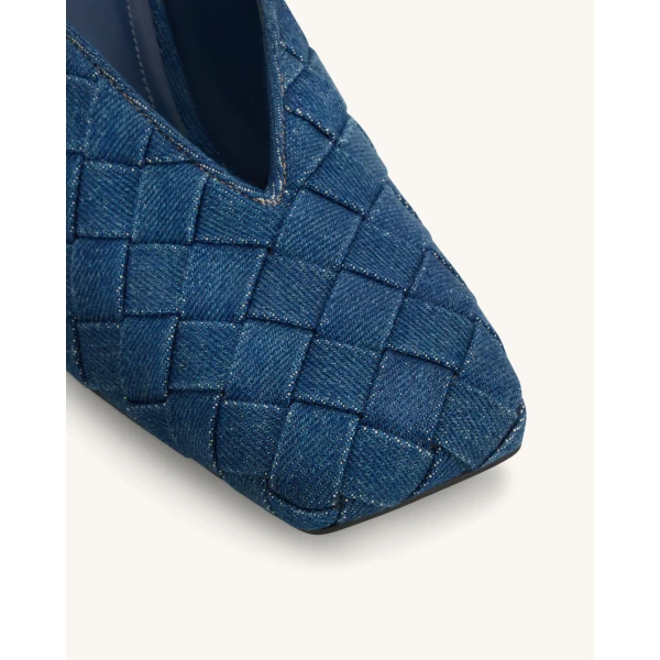 JW PEI Ellie Woven Square-Toe Mule Heels in Denim Blue | Mules | Luxury Shoes 