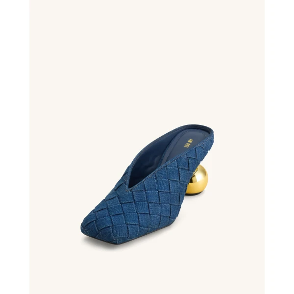 JW PEI Ellie Woven Square-Toe Mule Heels in Denim Blue | Mules | Luxury Shoes 