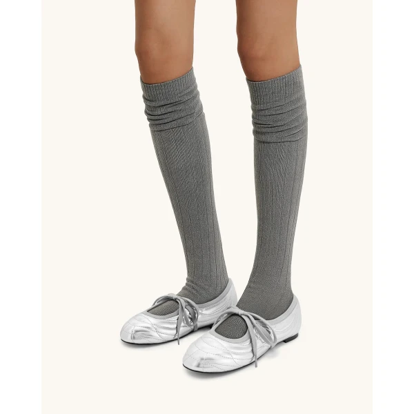 JW PEI Erika Topstitching lace-up Ballet Flats in Silver | Flats | Luxury Shoes 