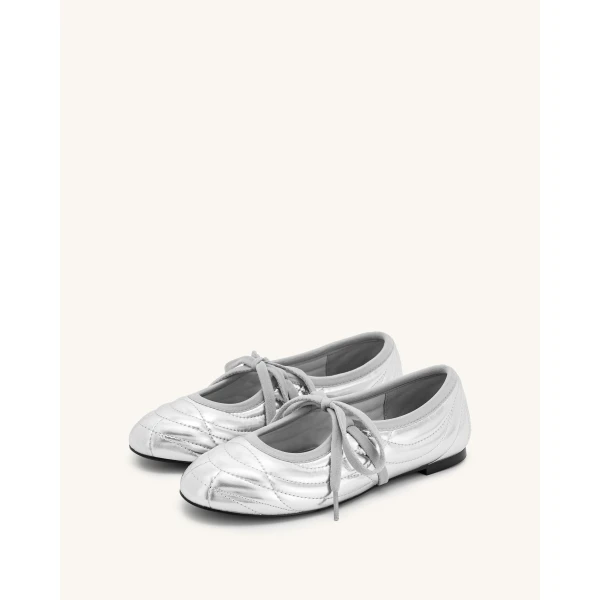 JW PEI Erika Topstitching lace-up Ballet Flats in Silver | Flats | Luxury Shoes 