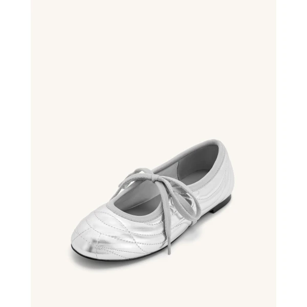 JW PEI Erika Topstitching lace-up Ballet Flats in Silver | Flats | Luxury Shoes 